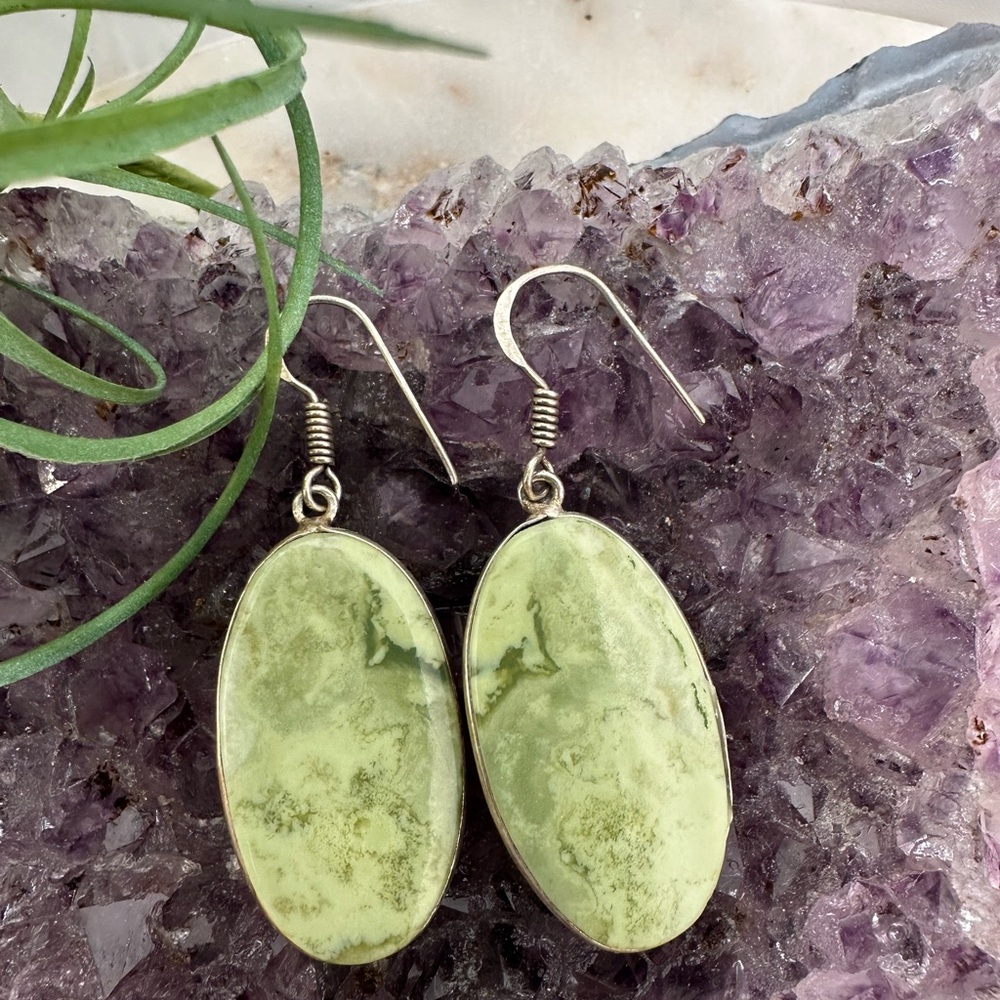 Oval Green Serpentine Sterling Silver Dangle Earrings